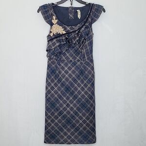 Floreat Anthropologie Plaid‎ Ruffle Floral Dress Cap Sleeve Applique Size 2